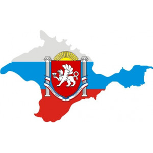 Наклейка на авто Республика Крым, Герб на фоне Российского флага в виде карты
